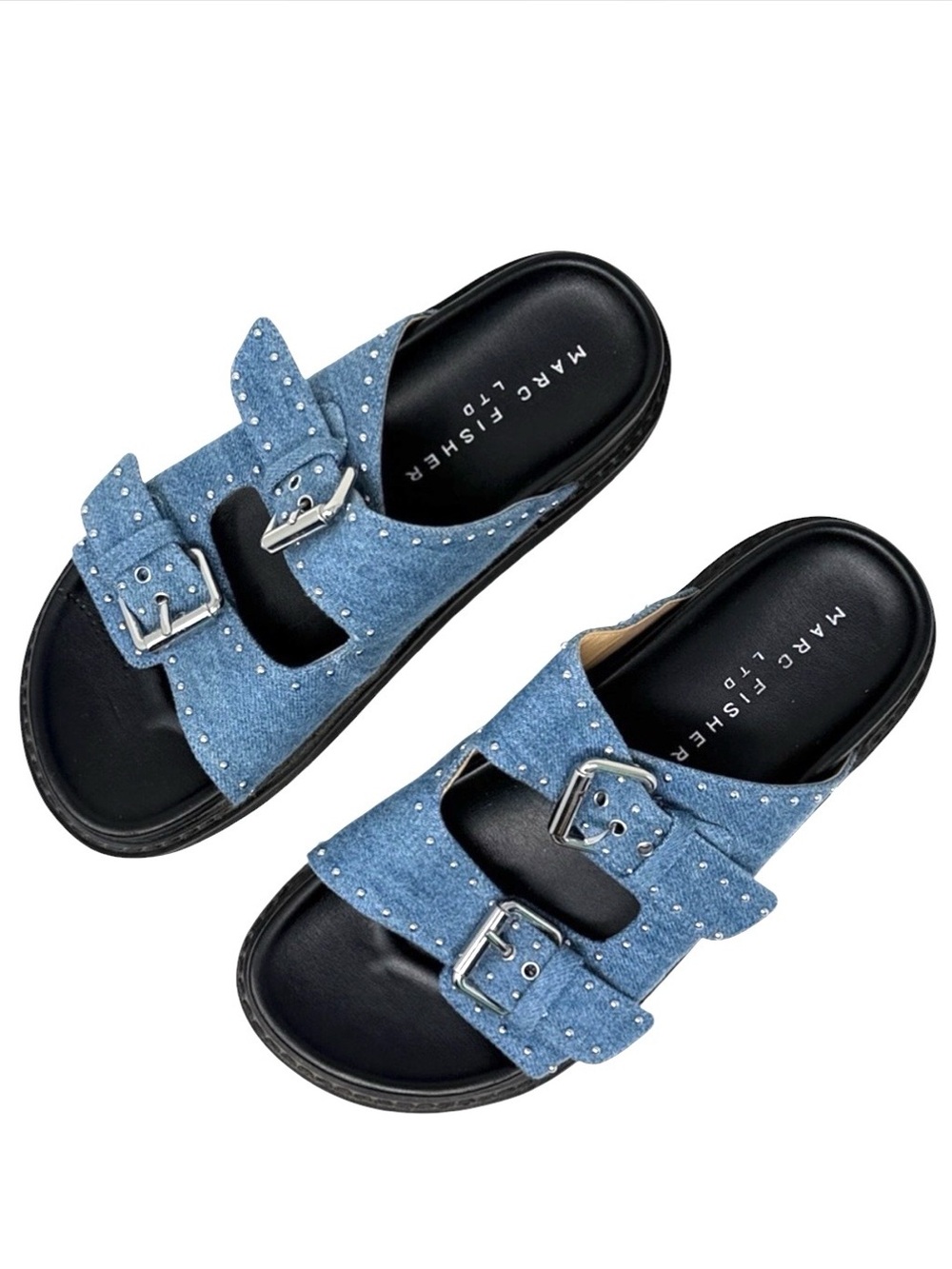 Marc Fisher Denim Studded Double-Buckle Slide Sandals - Blue